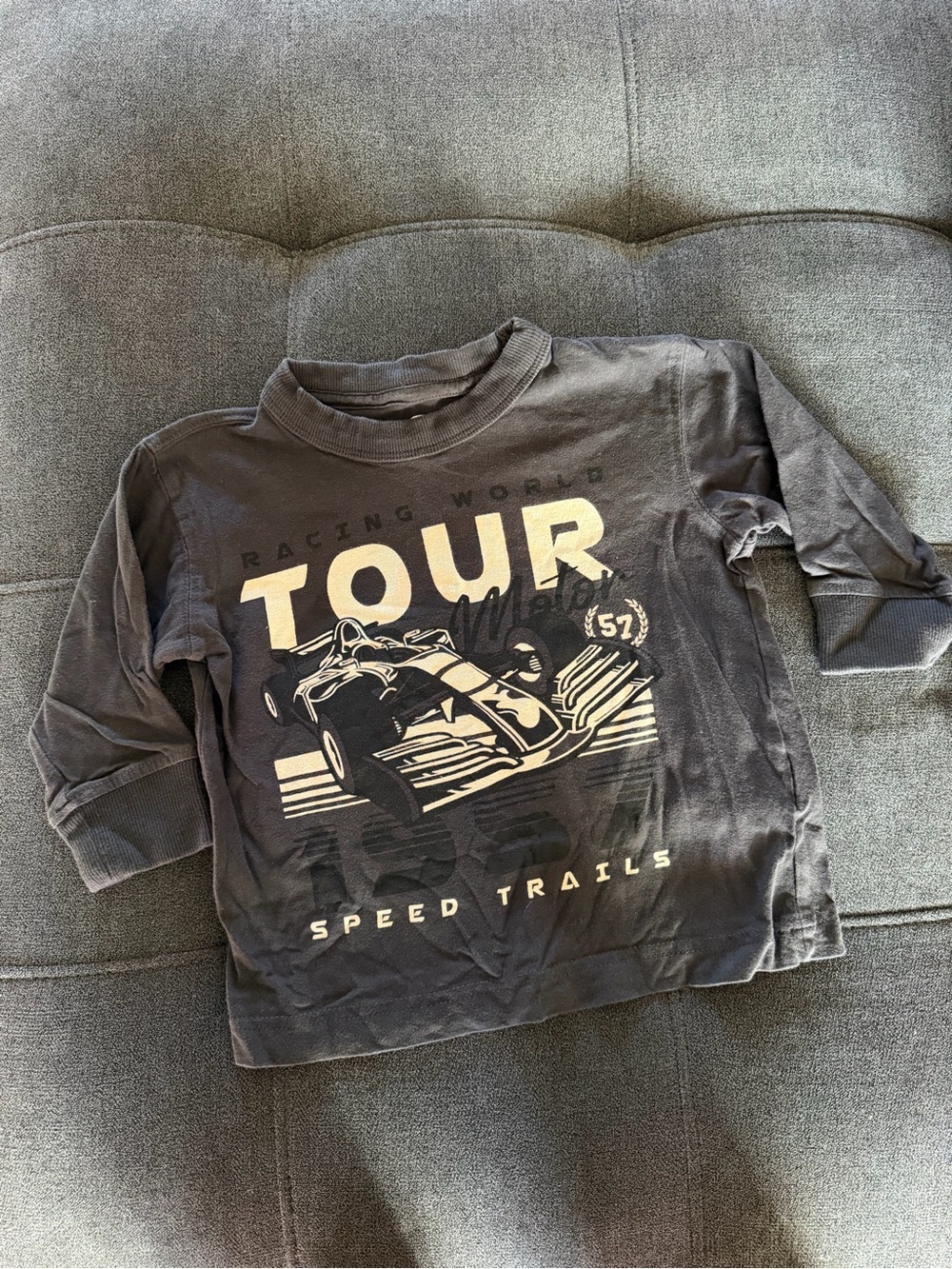 Cotton On Kids Long Sleeve Tee in Charcoal with Cream Racing Graphic